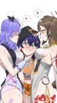  3girls animal_ears arm_out_of_sleeve backless_swimsuit bare_shoulders belle_(summer_skies)_(zenless_zone_zero) belle_(zenless_zone_zero) bikini bikini_top_under_shirt bikini_under_clothes blue_hair blush bow bowtie breast_envy breast_press breast_rest breast_smother breasts breasts_on_head brown_hair bucket_hat china_dress chinese_clothes closed_eyes clothing_cutout clover clover_hair_ornament crop_top crossed_bangs dress dress_swimsuit drill_hair eyeshadow face_to_breasts fish_hat frilled_one-piece_swimsuit frilled_wrist_cuffs frills grabbing_another&#039;s_chin green_eyes hair_ornament hairband hand_on_another&#039;s_chin hand_on_another&#039;s_head hanfu hat headpat heart heart_cutout height_difference highres large_breasts leg_tattoo letter_hair_ornament long_hair looking_at_another looking_at_viewer makeup mihoyo multiple_girls navel nervous_smile nervous_sweating official_alternate_costume one-piece_swimsuit orange_bikini orange_shorts pointy_ears purple_bow purple_bowtie purple_hair red_eyes red_eyeshadow sandwiched scrapy_(greenyscrapy) see-through_clothes see-through_shirt shirt short_hair shorts side_slit simple_background sleeveless smile spoken_heart stomach_cutout stroking_another&#039;s_chin sweat swimsuit tail tattoo tied_shirt vivian_banshee vivian_banshee_(iris_of_the_shore) white_background white_hanfu white_one-piece_swimsuit wrist_cuffs ye_shunguang yuri zenless_zone_zero 