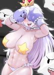  1girl abs blush boo boxing_gloves breasts choker crown dutch_angle frilled_bikini_bottom frilled_choker frills hands_on_own_face highres large_breasts long_hair mario_(series) new_super_mario_bros._u_deluxe nintendo nonoririn pasties princess_king_boo puffy_nipples red_eyes shiny shiny_skin silver_hair star_pasties super_crown sweat toned tongue tongue_out topless 