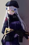  assault_rifle beret commentary_request facial_mark girls_frontline gloves green_eyes gun hat heckler_&amp;_koch hk416 hk416_(girls_frontline) long_hair looking_at_viewer looking_to_the_side rifle solo teardrop tokoroden trigger_discipline weapon white_hair 