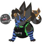 3_toes 4_fingers ambiguous_gender anthro armwear back_wings black_body black_tail blue_clothing blue_shirt blue_tank_top blue_topwear bodily_fluids claws clean_diaper clothed clothing dialogue diaper english_text feet finger_claws fingers flygon flying_sweatdrops full-length_portrait generation_3_pokemon hand_on_diaper heart_symbol innocentenough legwear lupi_(innocentenough) markings nintendo open_mouth pail_puppy_(artist) pattern_armwear pattern_clothing pattern_legwear pattern_stockings pokemon pokemon_(species) portrait shirt simple_background solo speech_bubble standing stockings striped_armwear striped_clothing striped_legwear striped_markings striped_stockings striped_tail stripes sweat sweatdrop tail tail_markings tank_top text thigh_highs toe_claws toes topwear touching_diaper wearing_diaper white_background wings