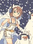  1girl aqua_eyes breasts brown_hair cape capelet cleavage commentary elbow_gloves english_commentary farfinfarfin fingerless_gloves fur_capelet gloves headphones hood hooded_capelet horned_hood horns no_sclera original overalls small_breasts smile snowing solo white_cape white_overalls yeti_(creature) 