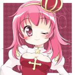  1girl arch_bishop_(ragnarok_online) blush blush_stickers border breasts checkered_background cleavage cleavage_cutout closed_mouth clothing_cutout commentary_request cross crown dress hairband heart heart-shaped_pupils juliet_sleeves kotomi_(happy_colors) long_sleeves looking_at_viewer medium_breasts medium_hair one_eye_closed outside_border pink_eyes pink_hair puffy_sleeves ragnarok_online red_background red_crown red_dress smile solo star_(symbol) symbol-shaped_pupils two-tone_dress upper_body white_border white_dress yellow_hairband 
