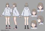  1girl black_socks concept_art digimon digimon_story:_time_stranger grey_eyes grey_hair hood hoodie misono_inori multiple_views official_art reference_sheet short_hair shorts socks white_hoodie yellow_shorts 