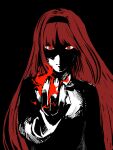  1girl black_background black_hairband collared_shirt expressionless face_in_shadow hairband in_shoe long_hair long_sleeves magic metarogu partially_colored portrait red_eyes red_hair shirt solo spell tohno_akiha tsukihime vermillion_akiha very_long_hair white_shirt 