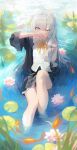  1girl ahoge black_robe blue_eyes bow cattail elaina_(majo_no_tabitabi) fish flower goldfish hair_between_eyes hair_intakes hair_tie hand_to_own_mouth highres lily_pad long_hair looking_at_viewer majo_no_tabitabi one_eye_closed outdoors partially_submerged plant pond reeds ribbon ripples robe shiina_1001 shirt skirt solo thighs water water_lily_flower wet white_hair white_shirt yellow_ribbon 