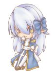  1girl alternate_color back_bow blue_bow blue_dress blue_eyes blue_hair bow brown_shoes chibi closed_mouth commentary_request covering_own_mouth dress full_body hair_bow hand_over_own_mouth high_priest_(ragnarok_online) juliet_sleeves long_hair long_sleeves looking_at_viewer lunaraven mary_janes one_eye_closed pointy_ears puffy_sleeves ragnarok_online sash shoes simple_background smile solo thighhighs two-tone_dress white_background white_bow white_dress white_sash white_thighhighs yellow_pupils 