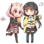  black_hair blush commentary dinergate_(girls_frontline) girls_frontline heterochromia jacket m4_sopmod_ii_(girls_frontline) megaphone mod3_(girls_frontline) multiple_girls name_tag pink_hair plug_(feng-yushu) red_eyes ro635_(dinergate) ro635_(girls_frontline) sweatdrop twintails yellow_eyes 