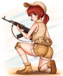  1girl ass baseball_cap belt brown_eyes dirty fio_germi glasses gun hat jnstudio knee_pads long_hair looking_at_viewer looking_back metal_slug midriff military parted_lips ponytail red_hair shorts smile solo toned vest weapon 