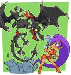  1girl alien blue_eyes blush breasts claws cosplay duplicate gun hair_ornament jewelry long_hair metroid monster navel ponytail ridley samus_aran samus_aran_(cosplay) shantae_(character) shantae_(series) shantae_and_the_pirate's_curse sharp_teeth shenanimation shorts spirit_(super_smash_bros.) super_smash_bros. super_smash_bros._ultimate tail teeth weapon wings 