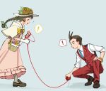  ! 1boy 1girl ace_attorney apollo_justice basket bracelet braid braided_twintails brown_eyes brown_hair brown_shoes capelet commentary dress f_dgs fingerless_gloves flying_sweatdrops gloves gold_bracelet hand_on_own_knee hat highres holding holding_basket holding_yarn jewelry juniper_woods long_hair looking_at_another needle pants phoenix_wright:_ace_attorney_-_dual_destinies pink_dress red_pants red_vest sewing_needle shirt shoes short_hair sleeves_rolled_up small_sweatdrop spoken_exclamation_mark squatting sun_hat symbol-only_commentary vest white_gloves white_shirt yarn yarn_ball 