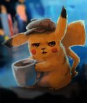  brown_eyes commentary creature cup deerstalker detective_pikachu detective_pikachu_(movie) english_commentary foxeaf full_body gen_1_pokemon hat holding holding_cup mug no_humans open_mouth pikachu pokemon pokemon_(creature) realistic solo 