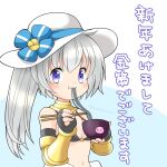  1girl armor bikini black_bikini black_gloves blue_background blush bowl breasts chopsticks cleavage commentary_request elbow_gloves fingerless_gloves food gloves grey_hair hat high_ponytail holding holding_bowl holding_chopsticks kotomi_(happy_colors) long_hair looking_at_viewer mechanic_(ragnarok_online) medium_breasts navel noodles o-ring o-ring_top ponytail poring purple_eyes ragnarok_online soba solo sun_hat swimsuit translation_request two-tone_background upper_body vambraces white_background white_hat yellow_armor 