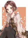 :d bang_dream! bangs beige_jacket black_legwear blush brown_dress brown_eyes brown_hair collarbone collared_dress commentary dress hazawa_tsugumi ito22oji knees_together long_sleeves looking_at_viewer open_mouth orange_background outline pantyhose plaid plaid_dress short_hair sitting smile solo star starry_background white_outline 