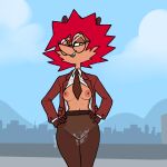 1:1 absurd_res anthro bodily_fluids clothing cum cum_in_clothing eulipotyphlan eyewear female flashing flashing_breasts genital_fluids glasses hair hedgehog hexecat hi_res legwear mammal necktie ollie_(lfswail) pantyhose red_hair solo spiky_hair suit_jacket