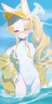  1girl absurdres animal_ear_fluff animal_ears bare_shoulders blue_archive breasts bright_pupils casual_one-piece_swimsuit clothing_cutout commentary cowboy_shot cross_halo day diamond_cutout extra_ears eyes_visible_through_hair fingernails forehead fox_ears fox_girl hair_over_one_eye halo hand_on_own_hip highleg highleg_one-piece_swimsuit highres jacket jacket_partially_removed long_hair looking_at_viewer oekaki_siro official_alternate_costume official_alternate_hairstyle one-piece_swimsuit open_clothes open_jacket open_mouth orange-tinted_eyewear outdoors parted_bangs seia_(blue_archive) seia_(swimsuit)_(blue_archive) small_breasts solo sunglasses swimsuit tinted_eyewear tsurime visor_cap wading water wavy_ends white_one-piece_swimsuit white_pupils yellow_halo yellow_jacket 
