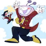  2525nicc 2boys ant_tenna ant_tenna_(cosplay) arms_up black_hair black_pants blush_stickers circle_facial_mark cloud collared_shirt cosplay crt dated deltarune full_body gloves heterochromatic_eyewear highres long_nose male_focus multiple_boys necktie object_head outstretched_arms pants pointy_nose radio_antenna round_eyewear shirt shoes short_hair single_blush_sticker size_difference smile spamton_g._spamton sun tailcoat teeth tinted_eyewear utdr_(toby_fox) white_gloves white_shirt yellow_necktie yellow_shoes 