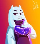  big_breasts breasts caprine clothing delta_rune goat hand_on_breast horn looking_at_viewer mammal niinjuh purple_eyes purple_robe robe simple_background sly standing toriel turtleneck undertale video_games 