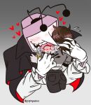  1boy 1other ant_tenna bite_mark bite_mark_on_shoulder black_cape black_pants blood blood_on_teeth blush brown_hair cape clothes_grab commentary crt deltarune english_commentary fangs flying_sweatdrops gloves grey_shirt hand_in_another&#039;s_hair heart highres long_nose medium_hair object_head pants pipispaints pointy_nose radio_antenna saliva shirt shirt_grab shirt_tucked_in smile steam teeth tongue torn_clothes torn_shirt twitter_username utdr_(toby_fox) vessel_(deltarune) white_gloves 