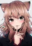  animal_ears brown_eyes brown_hair eyebrows_visible_through_hair fernandia_malvezzi finger_to_mouth highres index_finger_raised liar_lawyer light_particles lips long_hair looking_at_viewer open_mouth portrait solo uniform world_witches_series 