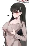  1girl absurdres black_hair black_halo blue_archive blunt_bangs blush breasts bright_pupils cleavage collarbone covered_groin covered_navel dress grabbing_own_breast grey_dress hair_ornament hairclip halo highres je_o_mo large_breasts long_hair long_sleeves looking_at_viewer multicolored_halo red_eyes red_halo rio_(blue_archive) solo two-tone_halo very_long_hair white_pupils 
