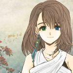  blue_eyes breasts brown_hair commentary_request dress earrings final_fantasy final_fantasy_x green_eyes jewelry looking_at_viewer medium_hair smile solo yadoso yuna_(ff10) 