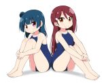  barefoot blue_hair blush competition_school_swimsuit hair_ornament hairclip hands_on_own_legs hands_together knees_up leg_hug long_hair looking_at_viewer love_live! love_live!_sunshine!! miyako_hito multiple_girls one-piece_swimsuit purple_eyes red_hair sakurauchi_riko school_swimsuit side_bun sitting smile swimsuit tsushima_yoshiko white_background yellow_eyes 