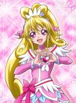  :d aida_mana blonde_hair bow choker collarbone cure_heart dokidoki!_precure dress earrings floating_hair hair_ornament hanzou heart heart_earrings heart_hands high_ponytail jewelry long_hair looking_at_viewer open_mouth pink_bow pink_dress precure purple_eyes smile solo upper_body very_long_hair 