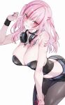 1girl absurdres artist_name bare_shoulders black_bustier black_choker black_pantyhose black_shorts black_wrist_cuffs blush breasts bustier choker cleavage collarbone commentary english_commentary grin headphones headphones_around_neck highres hololive hololive_english huge_breasts index_finger_raised jewelry kamiya_maneki leaning_forward long_hair looking_at_viewer mori_calliope mori_calliope_(rock_bunny) multicolored_hair nail_polish necklace pantyhose pink_eyes pink_hair pink_nails purple_nails shorts signature simple_background skull_necklace smile solo streaked_hair thighs torn_clothes torn_pantyhose twitter_username two-tone_hair two_side_up virtual_youtuber white_background wrist_cuffs 