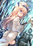  1girl armor ass bangs black_legwear blonde_hair blurry blurry_background breasts commentary_request day depth_of_field dress dutch_angle eyebrows_visible_through_hair forest full_armor fur_trim goblin_slayer goblin_slayer! hair_between_eyes hat head_tilt helm helmet holding holding_staff juliet_sleeves long_sleeves looking_at_viewer looking_back nature outdoors parted_lips pixiv_id priestess_(goblin_slayer!) puffy_sleeves small_breasts solo_focus staff standing thighhighs tree twitter_username white_dress white_hat wide_sleeves xephonia 