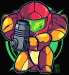  1girl arm_cannon armor artist_name assault_visor black_background deformed eyelashes full_armor full_body green_outline green_visor helmet highres looking_at_viewer metroid outline power_suit_(metroid) samus_aran science_fiction signature simple_background solo squatting weapon woofzilla 