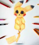  closed_mouth colored_pencil_(medium) commentary creature english_commentary full_body gen_1_pokemon graphite_(medium) looking_at_viewer no_humans pencil photo pikachu pokemon pokemon_(creature) shadow simple_background skykristal smile solo traditional_media white_background yellow_eyes 