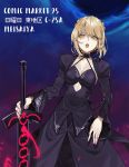  artist_name artoria_pendragon_(all) black_bow black_dress blonde_hair bow braid breasts choker cleavage dress excalibur fate/stay_night fate_(series) hair_bow highres holding holding_sword holding_weapon long_dress long_sleeves looking_at_viewer medium_breasts night open_mouth outdoors saber_alter short_hair shrug_(clothing) sleeveless sleeveless_dress solo sword teshima_nari weapon yellow_eyes 