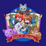  1boy 3girls alice_(alice_in_wonderland) alice_(alice_in_wonderland)_(cosplay) ange_katrina animal_ears apron aqua_eyes black_bow black_ribbon black_shoes blue_background blue_dress blue_eyes blush_stickers book bow brown_hair brown_tail cat chibi closed_eyes commentary cosplay cup dog_ears dog_girl dog_tail dress english_text falling fangs frilled_apron frills furry german_text hair_bow hair_intakes highres inui_toko jacket lize_helesta long_dress long_hair long_sleeves matching_outfits mini_eyewear mixed-language_text multiple_girls neck_ribbon nijisanji open_book open_mouth paint_can paintbrush picture_book pince-nez purple_cat purple_eyes red_hair red_jacket ribbon sanbaka_(nijisanji) saucer scared shoes short_hair short_sleeves spine_dl sweatdrop symbol-only_commentary tail teacup virtual_youtuber werewolf white_apron white_hair 