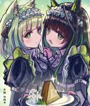  2girls animal_ears arknights black_hair blush breasts cat_ears cat_girl chu_wei_kai flower green_eyes green_hair highres kal'tsit_(arknights) long_hair looking_at_viewer maid maid_headdress medium_breasts mon3tr_(arknights) mon3tr_(summon)_(arknights) multiple_girls official_alternate_costume short_hair upper_body 