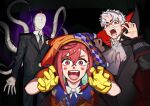  1girl 2boys absurdres ayase_momo black_background black_cape black_jacket black_necktie bow bowtie brown_hair cape claw_pose clown clown_makeup collared_shirt commentary cosplay cowboy_shot creepypasta crossed_bangs dandadan earrings enjoji_jin fangs glasses gloves hair_between_eyes halloween halloween_costume hat highres jacket jewelry leaning_forward looking_at_viewer multicolored_hat multicolored_shirt multiple_boys necktie open_mouth red_cape red_hair round_eyewear shirt short_hair slender_man slender_man_(cosplay) straight-on suit_jacket takakura_ken_(dandadan) tentacles two-sided_cape two-sided_fabric upper_body vampire vampire_costume white_bow white_bowtie white_hair white_shirt yellow_gloves yuqi_non 