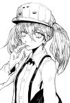  boushi-ya buttons cigarette collared_shirt commentary_request eyebrows_visible_through_hair greyscale hair_between_eyes kantai_collection long_hair long_sleeves looking_at_viewer magatama monochrome ryuujou_(kantai_collection) shirt smoking suspenders twintails visor_cap white_background 