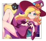  1girl :3 absurdres blonde_hair blue_eyes blush border brooch closed_mouth dress earrings english_commentary four-finger_heart_hands hat hat_ornament heart heart_hands highres hoshinokotta jack-o&#039;-lantern_hat_ornament jewelry long_hair looking_at_viewer luma_(mario) mario_(series) mario_kart mario_kart_tour moon official_alternate_costume outside_border polari_(super_mario_galaxy) purple_dress purple_hat rosalina rosalina_(halloween) star_(symbol) star_brooch star_earrings white_border wide_sleeves witch_hat 