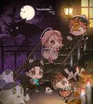  >_< 2boys 2girls :d ahoge angel angel_wings animal_ear_fluff animal_hands artist_name ayase_momo barefoot black_hair black_hat black_pants black_robe blush_stickers bow brown_eyes brown_hair candle chain chibi chibi_only closed_eyes comimingming crossed_bangs dandadan dated dress earrings enjoji_jin facial_mark fang full_moon furrowed_brow ghost_costume glasses gloves grin hair_between_eyes halloween halloween_bucket halloween_costume halo hat hat_bow highres jack-o'-lantern jewelry jiangshi_costume kaiju lantern medium_hair moon multiple_boys multiple_girls ofuda ofuda_on_head open_mouth outdoors pants pants_rolled_up parted_bangs paw_gloves pink_hair pumpkin qingdai_guanmao red_dress red_hair robe round_eyewear serpo_(dandadan) shiratori_aira_(dandadan) short_hair sleeves_past_fingers sleeves_past_wrists sleeves_rolled_up smile stairs suspenders sweat sweatdrop takakura_ken_(dandadan) takakura_ken_(transformed)_(dandadan) trick-or-treating werewolf_costume white_dress wings witch witch_hat xd 