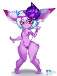 areola big_ears bottom_heavy breasts clothing digitigrade dipstick_ears ear_markings eyelashes eyeshadow facial_markings female flashing flashing_breasts front_view fur grey_pubes hair head_markings hi_res humanoid humanoid_pointy_ears league_of_legends looking_at_viewer makeup markings mask mask_on_head multicolored_ears navel nipples one-piece_swimsuit one_breast_out orez_art pink_areola pink_nipples pink_nose pointy_ears pubes pupils purple_body purple_eyeshadow purple_fur pussy_peek red_eyes riot_games short_hair simple_background sling_bikini slit_pupils small_breasts smile solo swimwear tencent thick_thighs tristana_(lol) white_background white_hair wide_hips yordle