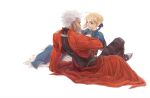  2boys antatica11 archer_(fate) arm_up artoria_pendragon_(fate) blonde_hair blue_dress braid bun_with_braided_base chinese_commentary cleavage_cutout clothing_cutout commentary_request dark-skinned_male dark_skin dress fate/stay_night fate_(series) green_eyes hair_bun hand_on_another&#039;s_cheek hand_on_another&#039;s_face highres long_dress male_focus multiple_boys saber_(fate) single_hair_bun sitting 
