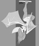  2018 3_toes anthro bat bat_wings big_ears breasts eyelashes fangs female gcfmug grey_background greyscale groundcoffeemug hair hairy_legs halftone hanging_from_branch head_tilt long_hair looking_at_viewer mammal membranous_wings monochrome neck_tuft nipples pinup pointy_ears pose puffy_nipples pussy signature simple_background slim small_breasts smile smug solo toes translucent translucent_wings tuft two_tone_background upside_down wings 