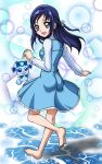  :d barefoot blue_dress blue_eyes blue_hair braid commentary_request dokidoki!_precure dress floating_hair hair_ornament hanzou hishikawa_rikka leg_up long_hair long_sleeves looking_at_viewer looking_back open_mouth precure rakeru_(dokidoki!_precure) shiny shiny_hair short_dress smile soles solo standing standing_on_one_leg 