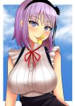  absurdres bangs blue_eyes blunt_bangs breasts chips cloud cloudy_sky dagashi_kashi eyebrows_visible_through_hair flower food hair_flower hair_ornament hairband highres large_breasts lavender_hair looking_at_viewer potato_chips pringle_duck ringed_eyes shidare_hotaru shirt sidelocks skirt sky sleeveless sleeveless_shirt solo suspender_skirt suspenders the_only_shoe upper_body 