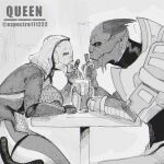 1:1 2025 alien alien_humanoid artist_name beverage big_breasts bioware black_and_white blush breasts date duo electronic_arts espectro111222 eyelashes female garrus_vakarian hi_res humanoid male male/female mass_effect milkshake monochrome quarian sharing_milkshake sitting tali&#039;zorah text turian watermark