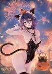  1girl absurdres aerial_fireworks alternate_costume animal_ears black_choker black_leotard black_ribbon breasts cat_ears cat_tail chainsaw_man choker dynamite explosive fake_animal_ears fake_tail fireworks green_eyes grenade_pin hair_between_eyes highleg highleg_leotard highres inging823 leotard looking_at_viewer night outdoors purple_hair reze_(chainsaw_man) ribbon small_breasts solo strapless strapless_leotard tail wrist_cuffs 