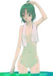  1girl akinbo_(hyouka_fuyou) arm_up armpits collarbone cowboy_shot flat_chest green_eyes green_hair high_ponytail highres looking_to_the_side midorikawa_nao navel no_pussy nude precure short_hair smile_precure! solo standing towel towel_around_neck wading water 