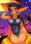  1girl black_cape black_hair black_hat black_one-piece_swimsuit blue_eyes breasts cape commentary_request covered_navel dark-skinned_female dark_skin full_moon gradient_sky grin hat highleg highleg_one-piece_swimsuit highres large_breasts moon night night_sky one-piece_swimsuit one-piece_tan original short_hair sitting sky smile solo swimsuit tan tanlines tree two-tone_cape witch_hat yurizuku_owl 