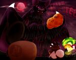 acorn antennae_(anatomy) anthro arthropod bat bee black_sclera brown_body brown_fur bumble_beans_(fujiyamasamoyed) bumble_bee_(species) candy_bag canid canine duo food fruit fujiyama_samoyed fungus fur glowing glowing_fungus glowing_mushroom halloween hi_res holidays hybrid hymenopteran insect leaf-nosed_bat looming male mammal membrane_(anatomy) membranous_wings micro microbat moon mushroom nut_(fruit) overweight overweight_anthro overweight_male plant raccoon_dog red_moon screeching shaded shaking simple_background size_difference smile tanuki trembling vampire_bat watermark wings yangochiropteran yellow_body