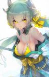  artist_name bikini_top bow breasts cleavage closed_mouth dragon_horns fate/grand_order fate_(series) green_hair hair_between_eyes hair_bow highres horns kashu_(hizake) kiyohime_(fate/grand_order) kiyohime_(swimsuit_lancer)_(fate) long_hair looking_to_the_side medium_breasts smile solo swimsuit twintails white_background yellow_bikini_top yellow_bow yellow_eyes 