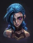  1girl artist_name asymmetrical_bangs bangs bare_shoulders black_background blood blood_from_eyes blue_hair braid clenched_teeth collarbone cropped_shoulders gradient gradient_background hair_over_one_eye imdrunkontea jinx_(league_of_legends) league_of_legends long_hair looking_at_viewer pink_blood shiny shiny_hair solo teeth twin_braids 